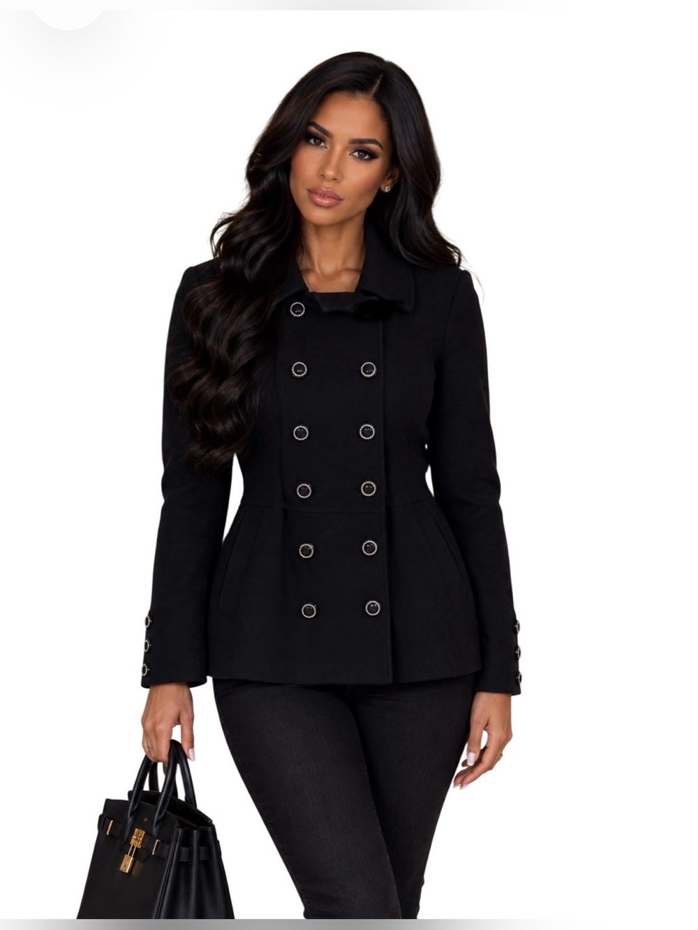 GUESS Y2K Black Double Breasted Collared Pea Coat Rhinestone Button Wool Blend M